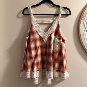 POL Red Plaid Tank Top with Crochet Accents